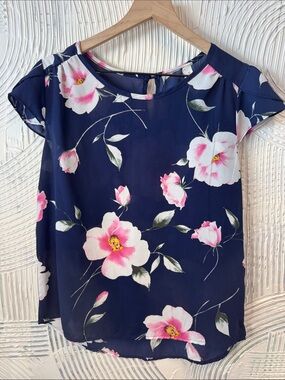Navy Floral Short-Sleeve Blouse with Pink Bloom Print N0402